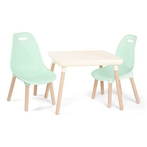 lot 64327 image: B. spaces by Battat  Kids Furniture Set  1 Craft Table & 2 Kids Chairs with Natural Wooden Legs (Ivory and Mint), missing 1 chair leg