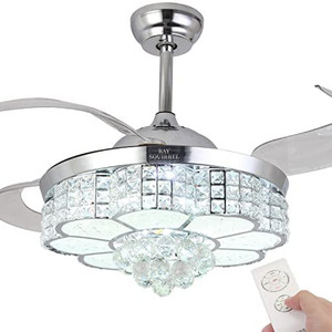 lot 64330 image: BAYSQUIRREL Crystal Ceiling Fan with Light and Remote LED Modern Retractable Invisible Ceiling Fan 3 Light Change Silent Fan Chandelier 36W