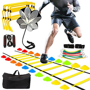 lot 64344 image: YGORTECH Speed Agility Training Set, Football Training Equipment, Agility Ladder, Resistance Parachute, 20 Disc Cones, Leg Resistance Bands, 4 Adjustable Hurdles, Jumping Rope & Carry Bag    (May not be exact stock photo)