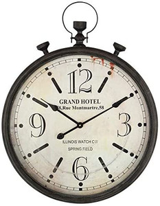 lot 64346 image: Large Pocket Watch Metal Wall Clock with Antique Frame for Home, Kitchen, Living Room, Oversized Wall Clock with Handle and Glass Covering, Silent Non-Ticking Distressed Black