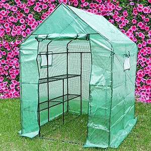 lot 64449 image: Portable Greenhouses, Walkin Greenhouse for Outdoors with 2 Windows, 3 Tiers 8 Shelves PE Green Houses, Backyard Greenhouse with Ground Pegs & Ropes for Stability  (56  56  76 Inches)