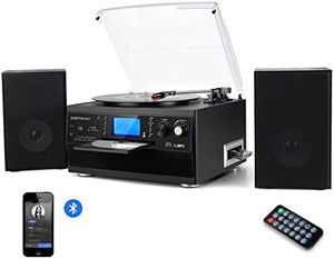 lot 64450 image: DIGITNOW Bluetooth Record Player Turntable with Stereo Speaker, LP Vinyl to MP3 Converter with CD, Cassette, Radio, Aux in and USBSD Encoding, Remote Control, Audio Music Player Built in Amplifier (Retails $299.99)
