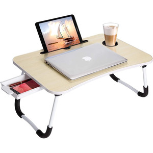 lot 64452 image: 23.6 Folding Laptop Table Lap Desk Portable Bed Tray Laptop Stand w Tablet Slot and Cup Holder and Storage Drawer for Working, Writing, Eating