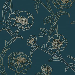 lot 64610 image: Tempaper Peacock Blue & Metallic Gold Peonies Removable Peel and Stick Floral Wallpaper, 20.5 in X 16.5 ft, Made in the USA