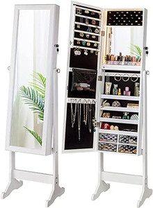 lot 64641 image: LUXFURNI LED Light Jewelry Cabinet Armoire, Standing Mirror Makeup Lockable Large Storage Organizer wDrawers (White)