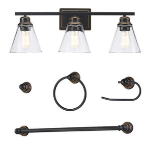 lot 67424 image: Romance 25.98 in. 3-Light Vanity Light with Oil Rubbed Bronze Finish and Clear Glass Shade and Bath Set (5-Piece)