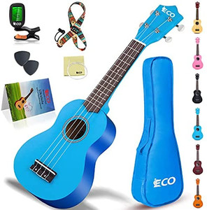 lot 67430 image: iECO Soprano Ukulele Beginner Kit for Kids Adults 21 Inch Ukelele wCase Strap Tuner Strings Picks (Blue)
