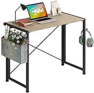 lot 67656 image: 4NM 35.4 Small Desk with Storage Bag and 2-Hook No-Assembly Folding Computer Desk Home Office Desk Laptop Study Writing Table - Natural and Black