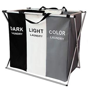 lot 67658 image: FUNFLOWERS Laundry Hamper Basket Sorter with Handle and Aluminum Frame, 3 Sections Foldable Portable Large Dirty Clothes Basket Organizer for Bathroom Bedroom Home (BlackWhiteGrey)