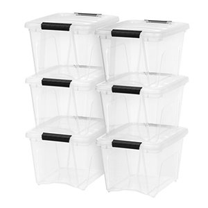 lot 67663 image: IRIS USA 19 Qt. Plastic Storage Bin Tote Organizing Container with Durable Lid and Secure Latching Buckles, Stackable and Nestable, 6 Pack, clear with Black Buckle