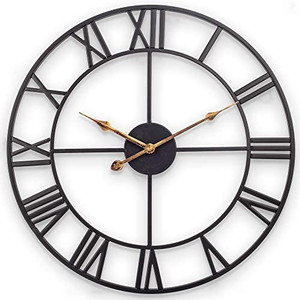 lot 67677 image: 20 Inch Wall Clock, Large Metal Silent Wall Clock with Roman Numerals, Farmhouse Vintage Indoor Non Ticking Battery Operated Modern Rustic Clock for Living Room, Home, Bedroom, Kitchen - Black