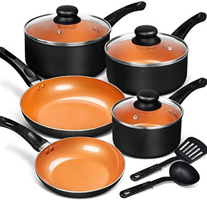 lot 67685 image: MICHELANGELO Copper Pots and Pans Set Nonstick, Basic Copper Cookware Set with Bakelite Handle, Kitchen Cookware Set with Ceramic Nonstick Coating, Ceramic Pots and Pans 10 Piece with Spatula & Spoon