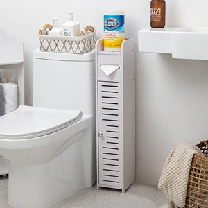 lot 67693 image: AOJEZOR Small Bathroom Storage Corner Floor Cabinet with Doors and Shelves, Thin Toilet Vanity Cabinet, Narrow Bath Sink Organize