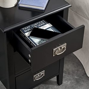 lot 67695 image: VECELO Nightstand EndSide Table Living Room Bedroom Bedside, Vintage Accent Furniture Small Space, Solid Wood Legs, Three Drawers, Black