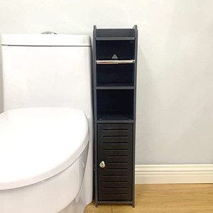 lot 67703 image: Toilet Paper Stand, Small Bathroom Storage Cabinet for Bathroom, Toilet Paper Roll Holder for Half Bath, Bathroom Storage Cabinet with Brass Handles, Black by AOJEZOR