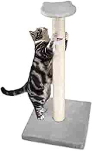 lot 67708 image: Cat Scratching Post, SEIOHW 32 Scratch Post with Sisal Rope, Tall Cat Scratcher with Bell Mouse Toy & Cat Head Perch, Scratching Post for Indoor Cats, Light Gray