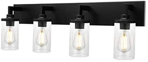 lot 67713 image: VINLUZ Bathroom Vanity Lighting 4 Light Wall Sconce Fixture, Matte Black Farmhouse Indoor Wall Mount Lamp with Clear Cylinder Glass Shade for Workshop Cafe