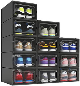 lot 67714 image: Shoe Organizer Boxes, Black Plastic Stackable Shoe Storage Bins For Closet, Space Saving Shoe Holder Sneaker Display Case - unsure of how many in box