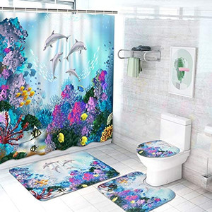 lot 67919 image: Lkfashoni 4Pcs Sea World Shower Curtain Set with Non-Slip Rugs, Toilet Lid Cover and Bath Mat, Kids Dolphin Shower Curtain with 12 Hooks, Sea Ocean Fabric Bath Curtain for Bathroom