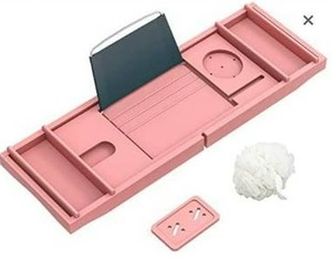lot 67922 image: Bathtub Caddy Tray - Expandable Bamboo Tub Tray for Luxury Bath with Book Holder Free Soap Dish Pink