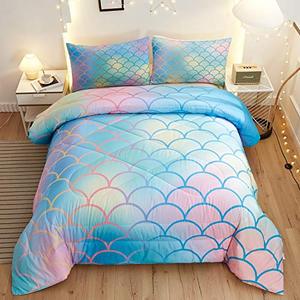 lot 67928 image: Namoxpa Mermaid Fish Scales Comforter Sets, Magical Colorful Seamless Pattern with Fish Scale net, Blue Pink Mermaid Skin Surface, Decorative Bedding Comforter Sets with 2 Pillow Shams, Queen Size