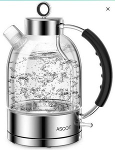 lot 67931 image: Kettle, ASCOT Glass Electric Tea Kettle 1.7L, 1500W, Stainless Steel Tea Heater & Hot Water Boiler, Borosilicate Glass, BPA-Free, Cordless, with Auto Shut-Off and Boil-Dry Protection