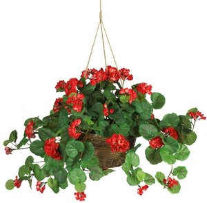 lot 67951 image: Nearly Natural 6609-RD 24in. Geranium Hanging Basket Silk Plant,Red,10.25 x 10.25 x 17.5