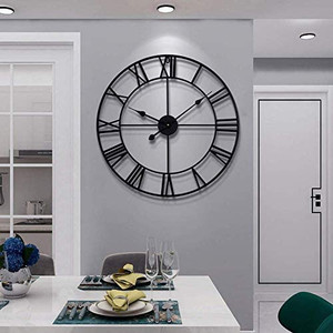 lot 67958 image: Large Modern Metal Wall Clocks Rustic Round Silent Non Ticking Battery Operated Black Roman Numerals Clock for Living RoomBedroomKitchen Wall Decor-60cm