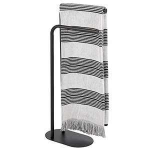 lot 68236 image: mDesign Tall Modern Metal Towel Rack Holder - 2 Tier Organizer for Bathroom Storage and Organization Next to Tub or Shower, Holds Bath & Hand Towels, Washcloths - Matte Black
