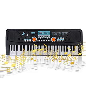lot 68248 image: Digital Electronic Musical Keyboard - Kids Learning Keyboard 49 Keys Portable Electric Piano w Drum Pad, Recording, Rechargeable Battery, Microphone - Pyle PKBRD4112 Black