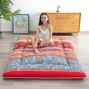 lot 68285 image: HIGOGOGO Futon Mattress, Thick Boho Striped Pattern Floor Mattress Bohemian Floral Camping Mattress with Dustproof Cover, Roll Up Floor Lounger Sleeping Tatami Mat Japanese Floor Guest Bed, Queen