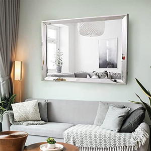 lot 69294 image: Chende Rectangle Wall Bathroom Mirror with 2 Big Beveled Edge, 36X28 Large Living Room Mirror with Stainless Steel Frame, Horizontally or Vertically Design