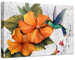 lot 69304 image: Sechars Bird Painting Art Prints Abstract Hummingbird with Hawaii Hibiscus Flower Canvas Wall Art Birds Poster Picture with Frame Modern Home Living Room Wall Decor 24x36inches