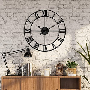 lot 69314 image: Large Wall Clock, Metal Retro Roman Numeral Clock, Modern Round Silent Wall Clocks, Easy to Read for Living RoomHomeKitchenBedroomOfficeSchool Decor (Black, 16 Inch)