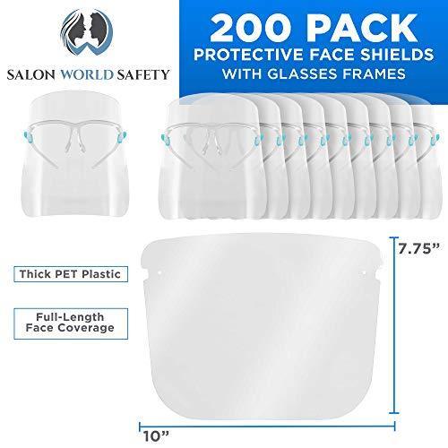 lot 22358 image: TCP Global Salon World Safety 200 Face Shields with Glasses Frames (20 Packs of 10) - Ultra Clear Protective Full Face to Protect Eyes, Nose, Mouth - Anti-Fog PET Plastic Sanitary Droplet Guard
