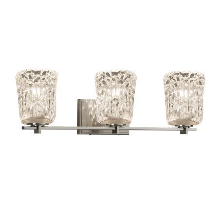 lot 22158 image: Justice Design Veneto Luce Era 3-light Brushed Nickel Bath Light, Clear Textured Cylinder w Rippled Rim Shade- Retail$258.00