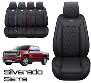 lot 20528 image: Aierxuan Chevy Silverado GMC Sierra 2 Front Seat Covers Pickup Custom Fit 2007-2022 1500 2500HD 3500HD Crew Double Extended Cab Waterproof Leather Seat Protectors(2 PCS Front, Black)