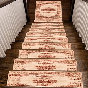 lot 20583 image: Benissimo, 131 Stair Treads Carpet, Landing Stair Rugs, Modern Printed Design, Soft Runner for Indoor Wooden Steps, Set of 13 (9x32) 1 (31x31), Sunset