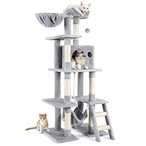 lot 20621 image: rabbitgoo Cat Tree Cat Tower 61 for Indoor Cats, Multi-Level Cat Condo with Hammock & Scratching Posts for Kittens, Tall Cat Climbing Stand with Plush Perch & Toys for Play Rest, Light Grey