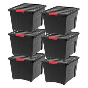 lot 22642 image: IRIS USA Plastic Storage Bin Tote Organizing Container with Durable Lid and Secure Latching Buckles, 53 Qt, 6 Count, Black & Red
