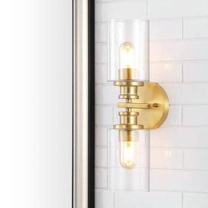 lot 22673 image: JONATHAN Y Jules Edison 16.5 in. 2-Light Brass Gold Cylinder IronSeeded Glass Farmhouse Contemporary LED Vanity Light
