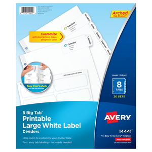 lot 22734 image: Avery Big Tab Printable Large White Dividers with Easy Peel, 8 Tabs