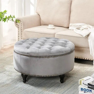lot 26079 image: SIDA 30in.  Round Storage Ottoman, Velvet ,Silver Grey - Retail $298.26