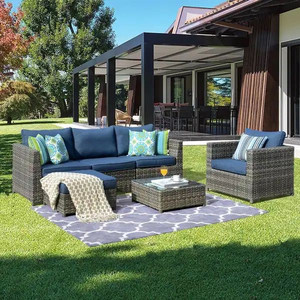 lot 26082 image: PARTIAL This is Not a Complete Set, Please View Photos Ovios Patio Furniture Deep Seat Wicker 6-piece Set with Cushions - Denim Blue - Retail $1,546.99
