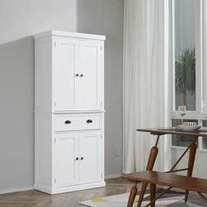 lot 26091 image: HomCom - White Traditional Colonial Style Kitchen Pantry Cabinet - Retail$346.49