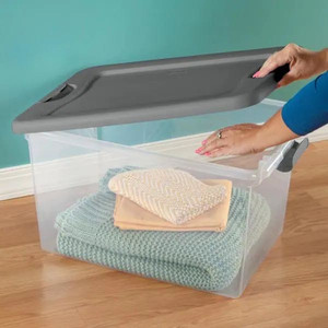lot 26169 image: Sterilite - 64 QT. Latching Container Grey and Clear - Retail $12.00