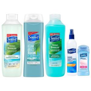 lot 1479 image: Suave Shampoo  Conditioner  Body Wash  Hand Sanitizer  Antiperspirant Deodorant Family Pack Bundle - 5ct