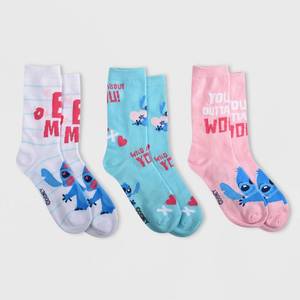 lot 6120 image: Womens Lilo & Stitch Valentines Day 3pk Crew Socks - WhitePinkBlue 4-10