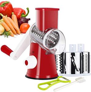 lot 6149 image: Rotary Cheese Grater, Kitchen Mandoline Vegetable Slicer with 3 Interchangeable Blades, Easy to Clean Rotary Grater Slicer for Fruit, Vegetables, Nuts (Red)