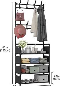 lot 6187 image: Tree with Coat and Shoe Rack, Entryway Coat Rack with Bench Hooks and 4-Tier Shoe Rack,Black
